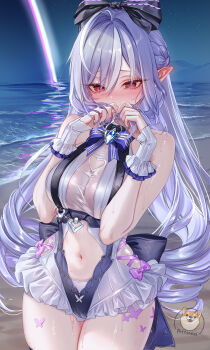 1girl absurdres artist_name beach blush breasts clothing_cutout commentary_request covering_own_mouth drill_hair heart heart_cutout highres large_breasts long_hair multicolored_hair ocean official_alternate_costume one-piece_swimsuit playing_with_own_hair pointy_ears pottsness purple_hair purple_nails red_eyes solo stomach streaked_hair swimsuit vivian_banshee vivian_banshee_(iris_of_the_shore) wet wet_clothes wet_swimsuit white_hair white_one-piece_swimsuit wrist_cuffs zenless_zone_zero
