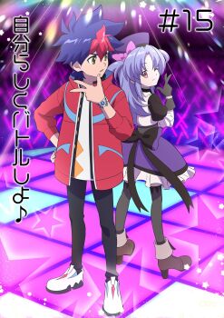 1boy 1girl anime_coloring bangle black_gloves black_pants blue_hair bow bracelet brown_shoes concert dress gloves glowstick hat hat_bow highres jacket jewelry kurobane_alice long_hair looking_back multicolored_hair one_eye_closed open_clothes open_jacket pants pink_bow purple_dress purple_hat red_eyes red_hair red_jacket shadowverse shadowverse_(animated_series) shadowverse_flame shirt shoes short_hair snc_net18bk2 stage star_(symbol) tenryu_light_(shadowverse_flame) translation_request two_side_up white_shirt white_shoes yellow_eyes