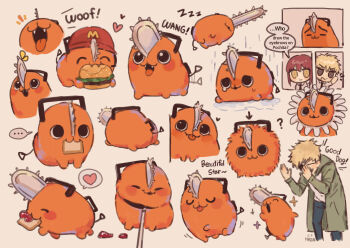 1boy 1girl :3 ? afterimage arrow_(symbol) black_eyes black_necktie blonde_hair blush_stickers bread bread_slice burger chainsaw chainsaw_man coat commentary_request denji_(chainsaw_man) eating english_text eyepatch food food_in_mouth green_coat highres hyeon_0613 korean_commentary makima_(chainsaw_man) mouth_hold necktie pochita_(chainsaw_man) rain red_hair sidelocks sleeping sparkle sparkling_aura sweat tail tail_wagging toast toast_in_mouth wet yellow_eyes zzz