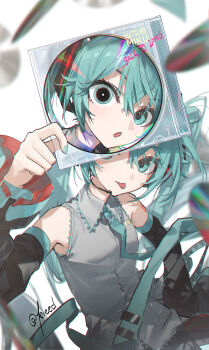 1girl aqua_eyes aqua_hair aqua_necktie arm_tattoo artist_name cd collared_shirt commentary_request detached_sleeves grey_shirt hair_between_eyes hand_up hatsune_miku highres holding kieed long_hair long_sleeves necktie parted_lips revision shirt signature sleeveless sleeveless_shirt smile tattoo tongue tongue_out twintails very_long_hair vocaloid