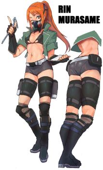 1girl ass back belt belt_pouch bikini bikini_top_only black_bikini black_footwear black_gloves black_shorts boots bra breasts brown_eyes character_name code_vein commentary_request cropped_jacket detached_collar fingerless_gloves full_body gloves green_jacket hand_up highres holding holster jacket long_hair looking_at_viewer madsensei mask mouth_mask multiple_views murasame_rin_(code_vein) navel navel_piercing one_eye_closed open_clothes open_jacket orange_hair piercing ponytail pouch rin_murasame short_shorts short_sleeves shorts simple_background small_breasts stomach swimsuit thigh_holster thigh_strap torn_bra torn_clothes underwear white_background white_belt