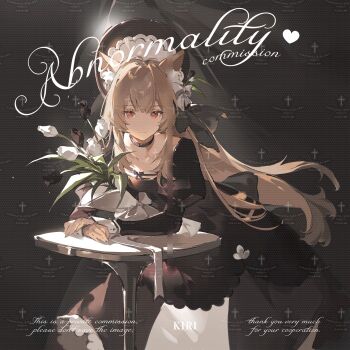 1girl absurdres animal_ear_fluff animal_ears black_background black_bow black_dress black_flower black_tulip bouquet bow brown_hair cat_ears cat_girl chinese_commentary closed_mouth commentary_request commission dress expressionless flower hair_between_eyes hair_bow heart highres holding holding_bouquet leaf leaning_forward leaning_on_table long_dress long_hair long_sleeves looking_at_viewer original own_hands_together puffy_sleeves red_eyes simple_background solo table tulip white_bow white_flower white_tulip yunouou10