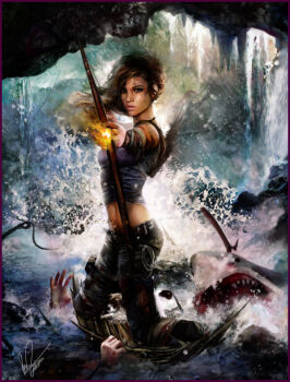 1girl animal blood bow_(weapon) brown_eyes brown_hair cave female_focus fire gun lara_croft long_hair shark solo standing tank_top tomb_raider tomb_raider_(reboot) water weapon