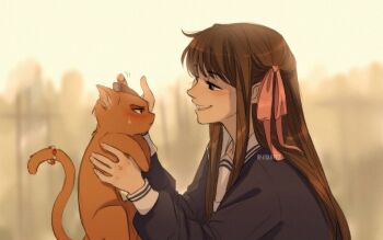 Rule 34 | 1boy, 1girl, alternate form, animal, blunt bangs, blush, brown hair, cat, commentary, english commentary, fruits basket, hair ribbon, highres, holding, holding animal, holding cat, honda tohru, itslopezz, long hair, male focus, profile, ribbon, school uniform, sidelocks, smile, solo, sohma kyou, twitter username