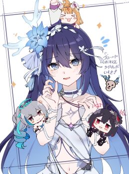 Rule 34 | > <, 4girls, absurdres, ahoge, animal, arm up, bare shoulders, bear hair ornament, black flower, black gloves, black hair, blue flower, blush, breasts, bronya zaychik, bronya zaychik (herrscher of truth), chest tattoo, chibi, choker, cleavage, collarbone, colored inner hair, commentary request, deer, dress, drill hair, flower, flower choker, gloves, grey flower, grey hair, hair between eyes, hair flower, hair ornament, halo, highres, honkai (series), honkai impact 3rd, kaya (ayase kaya), long hair, looking at viewer, multicolored hair, multiple girls, navel, on head, open hands, open mouth, orange hair, ponytail, red eyes, red hair, seele (alter ego), seele vollerei, seele vollerei (herrscher of rebirth), seele vollerei (stygian nymph), short hair, single drill, small breasts, smile, streaked hair, susannah manatt, susannah manatt (valkyrie quicksand), tattoo, translation request, upper body, white background, white dress