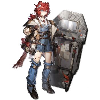 1girl animal_ears arknights asymmetrical_gloves banque_(edrukine) bear_ears bear_girl belt belt_pouch black_jacket blue_eyes blue_leg_warmers blue_overalls brown_belt brown_gloves closed_mouth fingerless_gloves full_body gloves holding holding_shield jacket jewelry knee_pads lantern leg_warmers long_hair looking_at_viewer low_ponytail mismatched_gloves official_art open_clothes open_jacket overalls pendant ponytail pouch red_hair shield shirt simple_background single_fingerless_glove smile solo standing tachi-e third-party_source transparent_background vetochki_(arknights) white_shirt