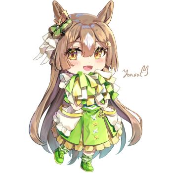 1girl animal_ears blush bow braid brown_eyes brown_hair cheerleader chibi double-parted_bangs ear_ornament ear_ribbon genkai_made_pom_pon!! green_shirt green_skirt hair_between_eyes half_up_braid holding holding_pom_poms horse_ears horse_girl horse_tail long_hair looking_at_viewer multicolored_hair open_mouth pom_pom_(cheerleading) pom_poms satono_diamond_(umamusume) shirt simple_background skirt sleeveless sleeveless_shirt smile solo streaked_hair tail umamusume very_long_hair white_background yoru_usagi