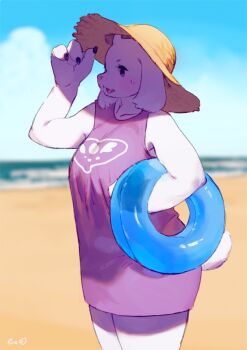 1girl adapted_costume adjusting_clothes adjusting_headwear animal_ears arm_up beach bebebe blue_eyes blue_sky blush breasts claws cloud collarbone cowboy_shot day dress fang female_focus furry furry_female goat_ears goat_horns goat_tail hand_up hat holding horns innertube large_breasts ocean open_mouth outdoors purple_dress signature sky sleeveless sleeveless_dress smile solo straw_hat sun_hat sweat swim_ring tail toriel undertale utdr_(toby_fox) water