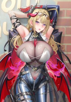 1girl alternate_breast_size_(larger) alternate_costume arm_strap armpits arms_up black-framed_eyewear black_coat black_horns blonde_hair blue_pants bodystocking bra breasts coat coat_on_shoulders commentary_request covered_erect_nipples covered_navel demon_horns demon_wings earrings elbow_gloves evelyn_chevalier eyewear_on_head facing_viewer fishnet_bodystocking fishnet_sleeves fishnets glasses gloves half_gloves harness head_tilt high-waist_pants horns indoors jewelry knife knife_sheath large_breasts latex_pants long_hair looking_to_the_side mole mole_on_breast mole_under_eye open_mouth pants partially_unzipped pubic_tattoo red_horns sheath single_elbow_glove single_half_glove solo stomach tattoo teeth thigh_strap tight_clothes tight_pants tsuki_no_i-min twitter_username underwear white_bra wings zenless_zone_zero zipper zipper_pull_tab