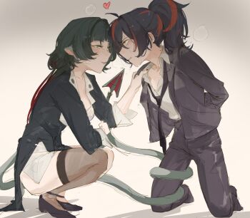 2girls absurdres animal_ears black_hair black_jacket black_necktie black_pants black_shoes black_thighhighs blue_eyes bluhbold blush breath brown_background collared_shirt gradient_background heart high_heels highres jacket jane_doe_(zenless_zone_zero) kneeling loose_necktie mouse_ears mouse_tail multicolored_hair multiple_girls necktie pants parted_lips ponytail red_eyes red_hair red_nails shirt shoes smile squatting streaked_hair tail tail_around_another&#039;s_leg tail_wrap thighhighs white_shirt yuri zenless_zone_zero zhu_yuan