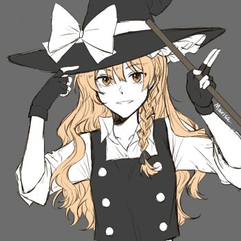 1girl black_gloves black_hat black_vest blonde_hair bow braid collared_shirt commentary fingerless_gloves gloves grey_background hair_bow hat hat_bow hitte5416 kirisame_marisa long_hair looking_at_viewer shirt side_braid simple_background single_braid sleeves_rolled_up smile solo touhou vest white_bow white_shirt witch_hat yellow_eyes