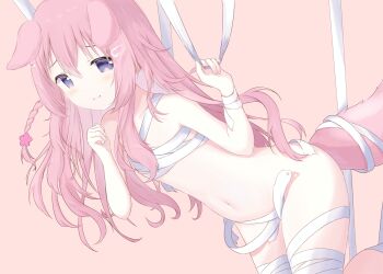 1girl animal_ears bandages blush braid breasts dog_ears dog_girl dog_tail hair_ornament hairclip highres indie_virtual_youtuber kneeling leaning_forward loli long_hair moyisumi naked_bandage navel nude pink_background pink_eyes pink_hair simple_background small_breasts solo stomach tail thighs usaki_nono virtual_youtuber