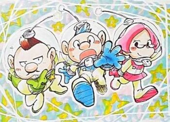 Rule 34 | 1girl, 2boys, akira (8877ice), alph (pikmin), backpack, badge, bag, big nose, black-framed eyewear, black eyes, blue background, blue gloves, blue hair, blush stickers, brittany (pikmin), brooch, brown hair, buttons, charlie (pikmin), closed mouth, commentary request, determined, facial hair, full body, glasses, gloves, green bag, green gloves, grin, hand on own chin, helmet, jewelry, looking at viewer, lowres, miniskirt, mohawk, multiple boys, mustache, nintendo, open mouth, outline, outstretched hand, pikmin (series), pikmin 3, pink bag, pink gloves, pink hair, pink skirt, radio antenna, short hair, skirt, smile, space helmet, spacesuit, sparkle, star (symbol), star brooch, star symbol background, sweatdrop, traditional media, very short hair, whistle, white outline