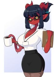 Rule 34 | 1girl, absurdres, black sclera, black skirt, breasts, brown eyes, brown pantyhose, cleavage, closed mouth, coffee, coffee mug, collarbone, collared shirt, colored sclera, colored skin, commission, cup, daigada, demon girl, demon horns, highres, horns, large breasts, looking at viewer, mug, original, pantyhose, pencil skirt, red skin, shirt, short sleeves, skirt, slit pupils, solo, tongue, white shirt