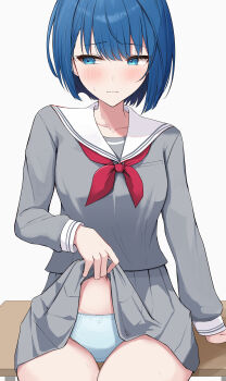 1girl absurdres arm_support blue_eyes blue_hair blue_panties blush bob_cut breast_pocket breasts closed_mouth clothes_lift collarbone commentary cowboy_shot desk embarrassed facing_viewer grey_serafuku grey_shirt grey_skirt high-waist_skirt highres kiritani_haruka kunizaki lifting_own_clothes long_sleeves looking_to_the_side medium_breasts miniskirt miyamasuzaka_girls'_academy_school_uniform navel neckerchief on_desk panties pleated_skirt pocket project_sekai red_neckerchief sailor_collar school_desk school_uniform serafuku shirt short_hair sidelocks sideways_glance simple_background sitting skirt skirt_lift solo sweatdrop thigh_gap underwear white_background white_sailor_collar