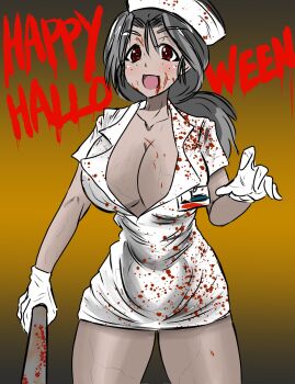 1girl blood blood_on_body blood_on_clothes bloody_weapon breasts bubble_head_nurse bubble_head_nurse_(cosplay) cleavage cosplay girls_und_panzer gloves halloween halloween_costume hat highres holding holding_weapon large_breasts long_hair looking_at_viewer moesenyukikaze nurse nurse_cap open_mouth piyotan_(girls_und_panzer) silent_hill_(movie) silent_hill_(series) skirt smile solo weapon white_gloves