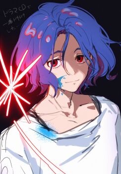 Rule 34 | 1boy, black background, blue hair, colored inner hair, facepaint, gundam, gundam gquuuuuux, highres, hmok asari, lower eyelashes only, male focus, multicolored hair, paint splatter, purple hair, red eyes, shirt, short hair, shuji ito, simple background, smile, solo, two-tone hair, upper body, white shirt