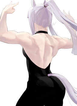 1girl \n/ animal_ears arms_up artist_name ass back black_hair commentary_request cowboy_shot facing_away from_behind gold_ship_(umamusume) grey_hair hair_tie horse_ears horse_girl horse_tail long_hair mukakin ponytail simple_background solo tail toned toned_female umamusume white_background
