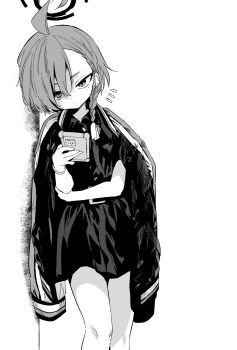 1girl ahoge alternate_costume asymmetrical_bangs blue_archive cellphone closed_mouth cowboy_shot expressionless greyscale halo highres holding holding_phone huge_ahoge jacket jacket_on_shoulders looking_at_viewer mole mole_under_eye monochrome neru_(blue_archive) nogiwa_kaede notice_lines phone shirt shirt_tucked_in short_hair simple_background skirt smartphone solo tsurime white_background