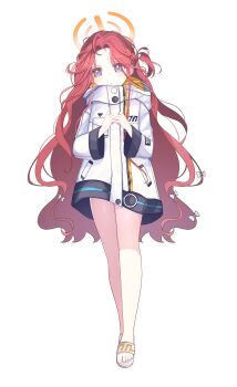 Rule 34 | 1girl, absurdres, ahoge, bainiaohuan, blue archive, bow, braid, chinese commentary, commentary, eyes visible through hair, full body, hair bow, halo, highres, hood, hood down, hooded jacket, jacket, legs, long hair, long sleeves, millennium science school logo, multicolored jacket, one side up, orange halo, parted lips, power symbol, procreate (medium), purple eyes, red hair, sandals, simple background, single braid, slides, solo, standing, toes, very long hair, white background, white bow, white jacket, white sandals, yellow jacket, yuzu (blue archive)