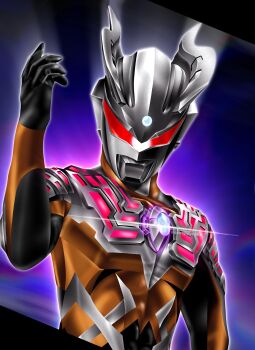 1boy abs alien arm_up armor black_skin breastplate collarbone color_timer colored_skin commentary curled_fingers darklops_zero doppelganger dutch_angle eye_slugger forehead_jewel gem glint glowing glowing_eye gold_skin hanejidyna86 highres letterboxed looking_down male_focus multicolored_skin muscular muscular_male no_pupils one-eyed pectorals purple_background rainbow red_eyes shoulder_armor silver_skin solo tokusatsu ultra_galaxy_(series) ultra_series ultraman_zero_vs._darklops_zero upper_body white_gemstone wrinkled_skin