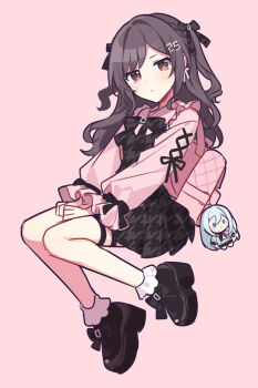 1girl alternate_hair_length alternate_hairstyle black_shoes blush bobby_socks bow bow_earrings bowtie braid brown_bow brown_bowtie brown_dress brown_hair character_doll closed_mouth commentary_request cross-laced_clothes cross-laced_sleeves doll dress earrings full_body hair_bow highres jewelry jirai_kei long_hair long_sleeves looking_at_viewer number_hair_ornament pink_background pink_shirt platform_shoes project_sekai puffy_long_sleeves puffy_sleeves shinonome_ena shirt shoes socks solo two_side_up waka_(wk4444) white_socks yoisaki_kanade
