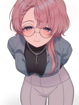 1girl arimura_mao bespectacled black_sweater blue_jacket braid braided_bangs breasts chain chain_necklace commentary_request gakuen_idolmaster glasses grey_pants highres idolmaster jacket jewelry leaning_forward long_hair looking_at_viewer medium_breasts necklace open_clothes open_jacket pants pink_hair round_eyewear simple_background solo speech_bubble sweater textless_version tkitt25 variant_set white_background