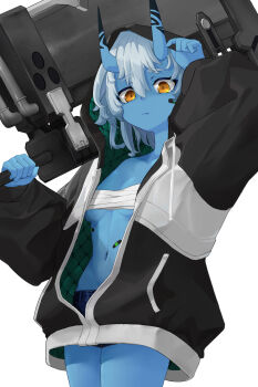 absurdres aji_gohan bandaged_chest bandages bandaid black_jacket blue_horns blue_oni blue_shorts blue_skin breasts colored_skin commentary_request hair_between_eyes hair_between_horns headband highres holding holding_weapon hood hooded_jacket hoodie horns jacket looking_at_viewer multicolored_horns oni orange_eyes short_hair shorts simple_background skin-covered_horns small_breasts soukaku_(zenless_zone_zero) two-tone_horns weapon white_background white_hair yellow_headband zenless_zone_zero