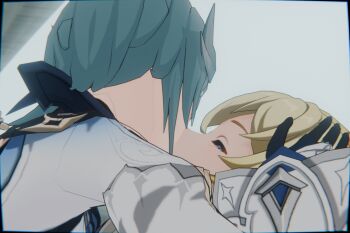 1boy 1boy1girls 1girl armpits assertive_female b-banto blonde_hair blue_background blue_gloves blue_hair clothing_cutout day eula_(genshin_impact) femdom french_kiss genshin_impact gloves hair_between_eyes hair_ornament hairband hand_on_another&#039;s_head highres kiss long_sleeves mika_(genshin_impact) orange_eyes photo_(medium) reverse_ryona self-upload shoulder_cutout unconscious wide_sleeves