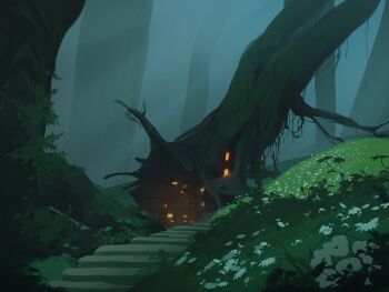 absurdres cabin flower fog forest glowing grass highres hill nature no_humans original painterly plant porch scenery stairs toebeez vines white_flower wide_shot window_light