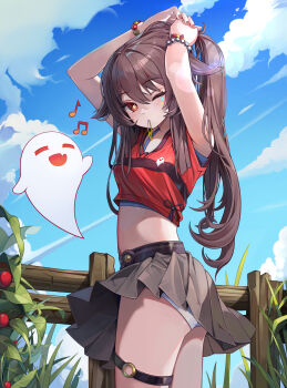 1girl absurdres adjusting_hair alternate_costume arms_up bead_bracelet beads boo_tao_(genshin_impact) bracelet brown_hair casual commentary_request crop_top flower-shaped_pupils genshin_impact ghost hair_tie_in_mouth heavenly_rabbit highres hu_tao_(genshin_impact) jewelry long_hair looking_at_viewer mouth_hold musical_note o-ring o-ring_thigh_strap one_eye_closed panties pantyshot pleated_skirt red_shirt shirt skirt symbol-shaped_pupils thigh_strap tying_hair underwear white_panties