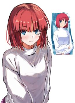 Rule 34 | 1girl, arcueid brunestud, arcueid brunestud (cosplay), blue eyes, blush, closed mouth, commentary request, cosplay, d twt b, game screenshot inset, highres, hisui (tsukihime), kagetsu tooya, long sleeves, looking at viewer, official alternate costume, purple skirt, red hair, reference inset, screenshot inset, short hair, simple background, skirt, sleeves past wrists, solo, sweater, takeuchi takashi, tearing up, tsukihime, turtleneck, turtleneck sweater, white background, white sweater