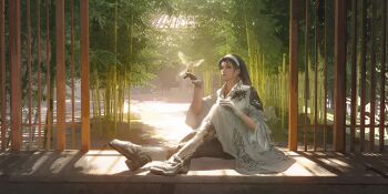 1girl absurdres bamboo bird bird_on_hand black_hair commentary english_commentary gloves hairband highres kazama_jun long_hair sio7x solo tekken white_bird white_gloves white_hairband