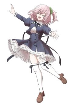 Rule 34 | 1girl, :d, ^ ^, absurdres, assault lily, black ribbon, black skirt, brown shoes, buttons, closed eyes, clover hair ornament, commentary request, cropped jacket, four-leaf clover hair ornament, frilled skirt, frills, full body, hair between eyes, hair ornament, hands up, high-waist skirt, highres, hitotsuyanagi riri, juliet sleeves, leg ribbon, leg up, loafers, long sleeves, medium hair, miniskirt, neck ribbon, one side up, open mouth, outstretched arms, pink hair, puffy sleeves, ribbon, school uniform, shirt, shoes, simple background, skirt, smile, solo, standing, standing on one leg, thigh ribbon, thighhighs, white background, white shirt, white thighhighs, yadoo, yurigaoka girls academy school uniform