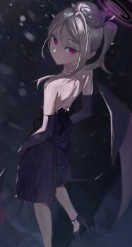 1girl absurdres back black_halo blue_archive commentary_request demon_girl demon_horns demon_wings dress elbow_gloves gloves halo highres hina_(blue_archive) horns long_hair looking_at_viewer low_wings outdoors purple_dress purple_eyes purple_gloves shippo_(pixiv_18567314) snow snowing standing white_hair wings