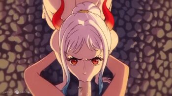 1boy 1girl :>= animated animated_gif aqua_hair arm_support blinking drakonaskar fellatio from_above gradient_hair hetero horns looking_at_viewer lowres monkey_d._luffy multicolored_hair non-web_source nude one_piece oral ponytail pov pov_crotch red_eyes red_horns source_request v-shaped_eyebrows white_hair yamato_(one_piece)