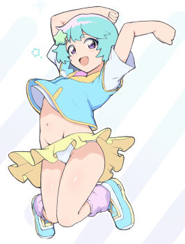 1girl blue_hair blue_jacket blue_shoes blush hair_ornament jacket jumping loli looking_at_viewer loose_socks mahou_no_shimai_lulutto_lilly navel nonoyama_fuu open_mouth panties purple_eyes purple_socks shirt shoes short_hair short_sleeves skirt smile sneakers socks star_(symbol) star_hair_ornament stomach temari_rin underwear white_background white_panties white_shirt wind wind_lift yellow_skirt