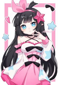 1girl artist_name bare_shoulders black_hair blue_eyes blunt_bangs border bow_hairband breasts cleavage closed_mouth collarbone commentary criss-cross_halter dress hair_ornament hairband halter_dress halterneck hand_up highres long_hair long_sleeves medium_breasts off-shoulder_dress off_shoulder original outside_border pink_border pink_dress pink_hairband pointy_ears sidelocks simple_background solo star_(symbol) star_hair_ornament symbol-only_commentary upper_body v white_background yukomeow