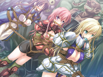 3girls aikawa_arisa aqua_eyes armor bad_end ball_gag bdsm bit_gag blonde_hair blush bondage bound breast_bondage breasts brown_hair captured center_opening coffle crotch_rope demon dental_gag gag gagged game_cg gauntlets humiliation kamen_no_goumonshi large_breasts long_hair marie_balling miel_falke monster multiple_girls nipples pink_hair purple_eyes pussy_juice ring_gag rope rose_buraitenraitona saliva shibari slave spoils tears third-party_edit