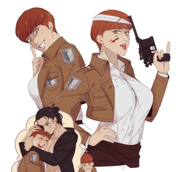 1boy 1girl aroused_nosebleed bare_pectorals blood blood_on_clothes blood_on_face blush bra breasts brown_eyes brown_jacket bursting_breasts closed_eyes commentary crazy_eyes crazy_grin crazy_smile cropped_jacket english_commentary eren_yeager face_to_pecs floch_forster genderswap genderswap_(mtf) grey_bra gun hair_bun hand_on_own_hip handgun hanpetos holding holding_gun holding_weapon imagining jacket large_breasts large_pectorals mauser_c96 nosebleed pectorals red_hair shingeki_no_kyojin single_hair_bun smile speech_bubble survey_corps_(emblem) thought_bubble tongue tongue_out trigger_discipline underwear weapon