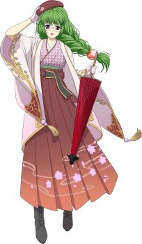 Rule 34 | 1girl, artist request, black boots, blush, boots, braid, cherry blossoms, drink, floral print, full body, game cg, gloves, green hair, hair ornament, hakama, hakama skirt, hand on headwear, hat, highres, holding, holding umbrella, japanese clothes, kimono, lips, long hair, looking at viewer, official alternate costume, official art, philia felice, philia felice (flower viewing), round eyewear, skirt, smile, solo, sphere hair ornament, standing, tales of (series), tales of asteria, tales of destiny, tassel, third-party source, transparent background, umbrella, white gloves