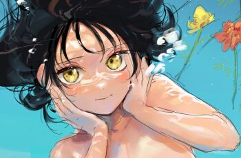 1girl air_bubble black_hair blowing_bubbles blue_background bubble caustics dot_nose expressionless flower forehead hands_on_own_cheeks hands_on_own_face looking_at_viewer nude original short_hair simple_background sketch solo torii_yoshitsuna underwater upper_body yellow_eyes