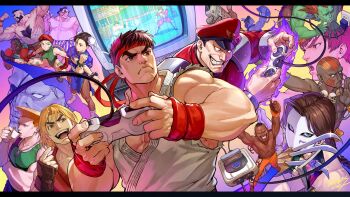 Rule 34 | 2girls, 6+boys, beret, blanka, blonde hair, blue dress, brown hair, cammy white, capcom, character request, chun-li, colored skin, cup, dark-skinned female, dark skin, dhalsim, double bun, dress, drinking, green skin, guile, hair bun, hat, highres, holding, holding cup, ken masters, m. bison, mask, multiple boys, multiple girls, muscular, muscular male, nishiki areku, playing games, ryu (street fighter), second-party source, street fighter, street fighter 6, topless male, vega (street fighter), zangief