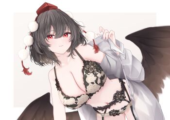 1girl armpit_crease black_garter_belt black_hair black_wings blush border bra breasts collarbone commentary dutch_angle feathered_wings garter_belt grey_background hair_between_eyes hat highres large_breasts looking_at_viewer navel open_clothes open_shirt panties pom_pom_(clothes) red_eyes sarasadou_dan shameimaru_aya shirt simple_background smile solo stomach tokin_hat touhou underwear white_border white_bra white_panties white_shirt wings