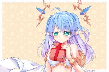 1girl ahoge armlet bare_shoulders blue_hair double_halo fricka_(iris_mysteria!) gift gold_armlet gradient_hair green_eyes halo highres holding holding_gift iris_mysteria! multicolored_hair pointy_ears purple_hair sb_sis shirt sleeveless sleeveless_shirt solo two_side_up upper_body white_shirt yellow_background