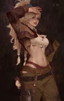 1girl abs absurdres artist_name belt bra braid brown_background brown_jacket brown_theme character_doll chinese_commentary commentary_request cowboy_shot cropped_jacket cropped_shirt doll gemma_(monster_hunter_wilds) gloves goggles goggles_around_neck grey_eyes hand_on_own_forehead highres jacket linea_alba long_hair looking_at_viewer making-of_available midriff monster_hunter_(series) monster_hunter_wilds multiple_braids navel open_clothes open_jacket panties pants parted_lips red_bra red_panties simple_background single_glove solo tool_belt underwear xu_youdian yian_kut-ku