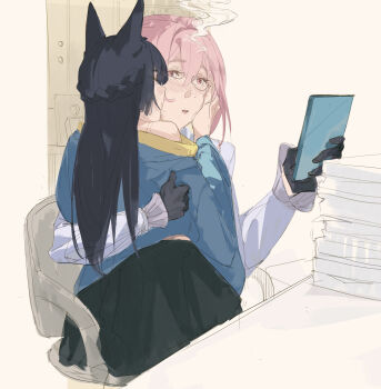 2girls absurdres animal_ears black_gloves black_hair bluhbold blush chair closed_eyes commentary cup english_commentary fox_ears fox_girl gloves green_jacket hair_between_eyes highres holding holding_cup hoshimi_miyabi indoors jacket kiss kissing_cheek multiple_girls pink_eyes pink_hair shirt sidelocks sitting tsukishiro_yanagi white_shirt yuri zenless_zone_zero