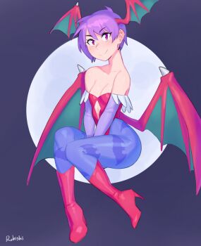 Rule 34 | 1girl, absurdres, animal print, bare shoulders, bat print, bat wings, between legs, border, breasts, bridal gauntlets, commentary, demon girl, english commentary, flat chest, full body, gloves, hand between legs, head wings, highres, leotard, lilith (darkstalkers), looking at viewer, pantyhose, print pantyhose, purple hair, red eyes, red leotard, rob ishi, round border, short hair, smile, solo, darkstalkers, wings