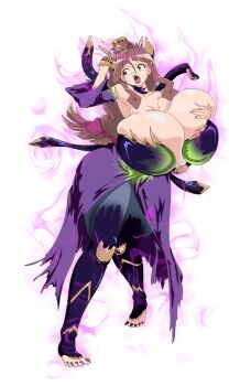 Rule 34 | 1girl, absurdres, age progression, aura, blue pants, bouncing breasts, breast expansion, breasts, brown footwear, brown hair, cleavage, commission, corruption, darkness, digimon, digimon ghost game, dress, gigantic breasts, gold claws, golden horn, green dress, highres, huge breasts, lilithmon, lipstick, mainkore, makeup, mankor, nail polish, panties, pants, pink eyes, purple lips, reincarnation, solo, spirit, third-party edit, toenail polish, toenails, torn clothes, transformation, tsukiyono ruli, underwear