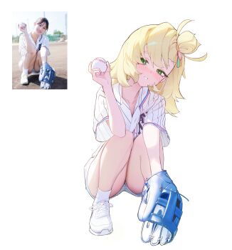 2girls absurdres ass ball baseball baseball_glove baseball_uniform blonde_hair blush collared_shirt commentary green_eyes grin head_tilt highres holding holding_ball multiple_girls narrowed_eyes ohoo_7am photo-referenced photo_inset piper_wheel real_life shirt shoes shorts simple_background smile sneakers socks sportswear squatting striped_clothes striped_shirt sweat thighs white_background white_shirt white_shoes white_shorts white_socks zenless_zone_zero